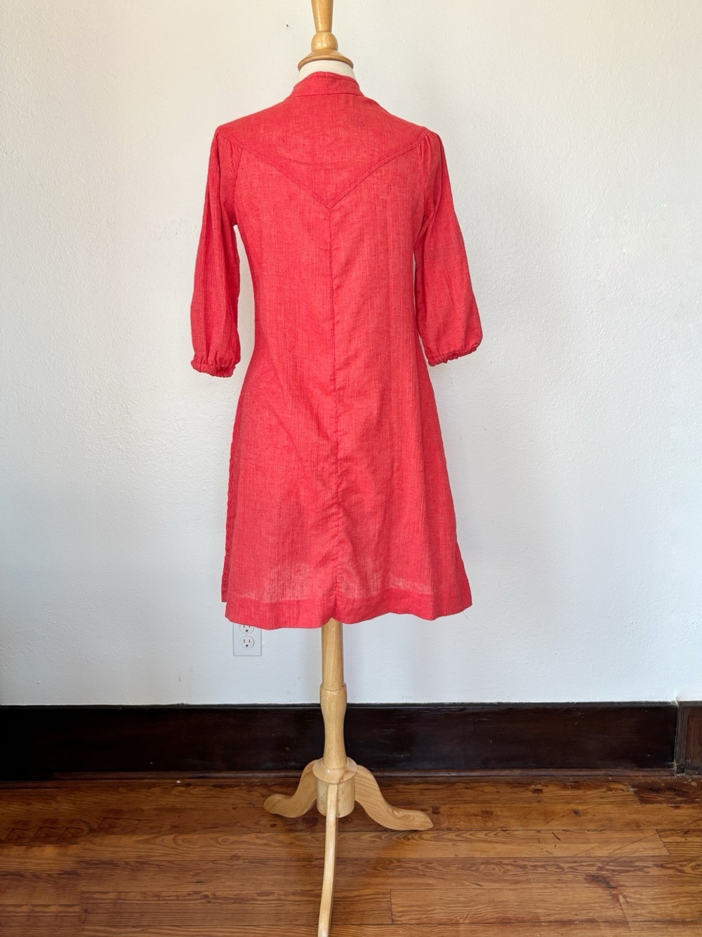 Vintage 60s 70s Union Label Coral Red Cotton Blend Tunic Dress - Picture 6 of 11